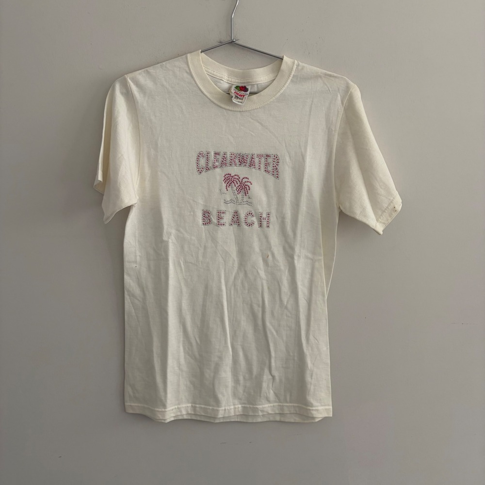 Fruit of the Loom Clearwater Beach Florida Rhinestone Palm Tree T-Shirt White S